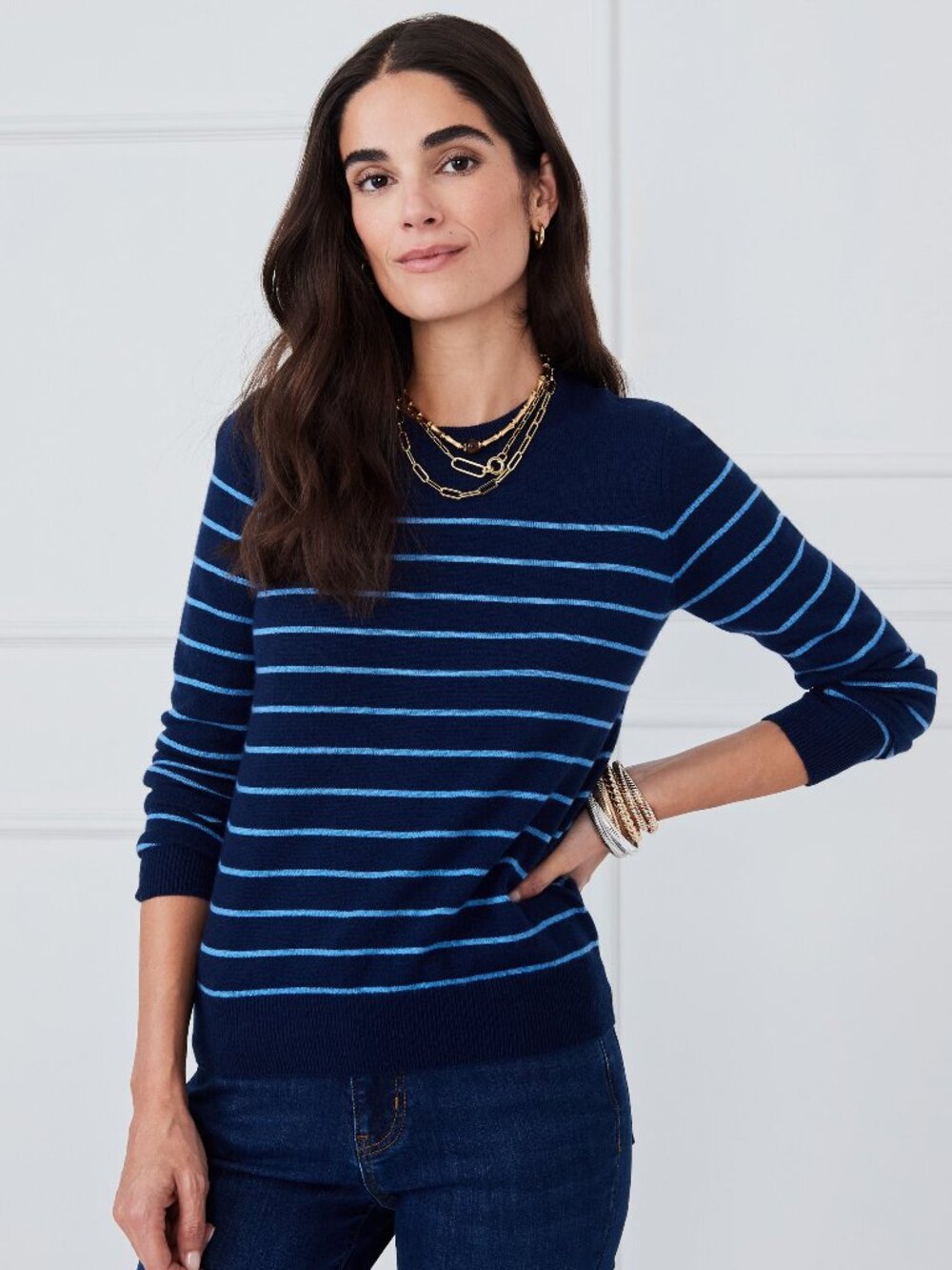 J McLaughlin Colette Cashmere Sweater in Stripe - Navy/Denim Blue NEW